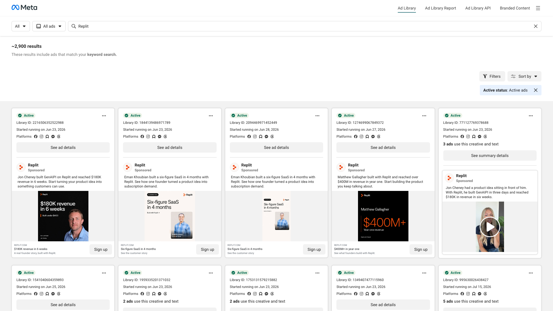 Replit Meta Ad Library — named customer ads