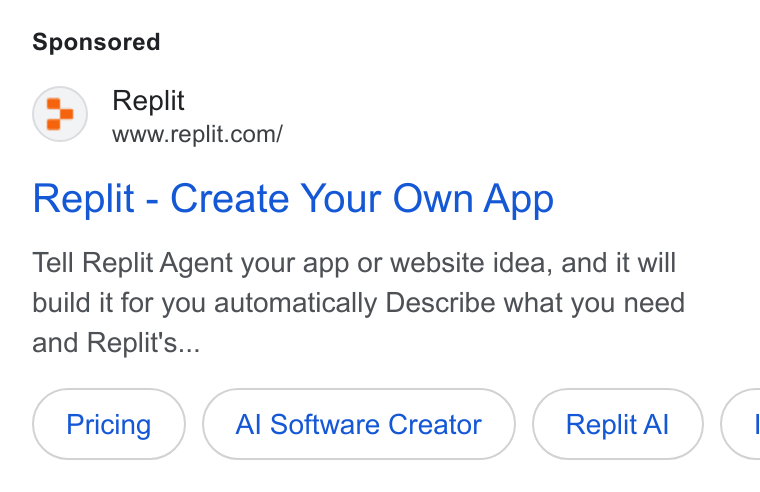 Replit 408-day Google search ad