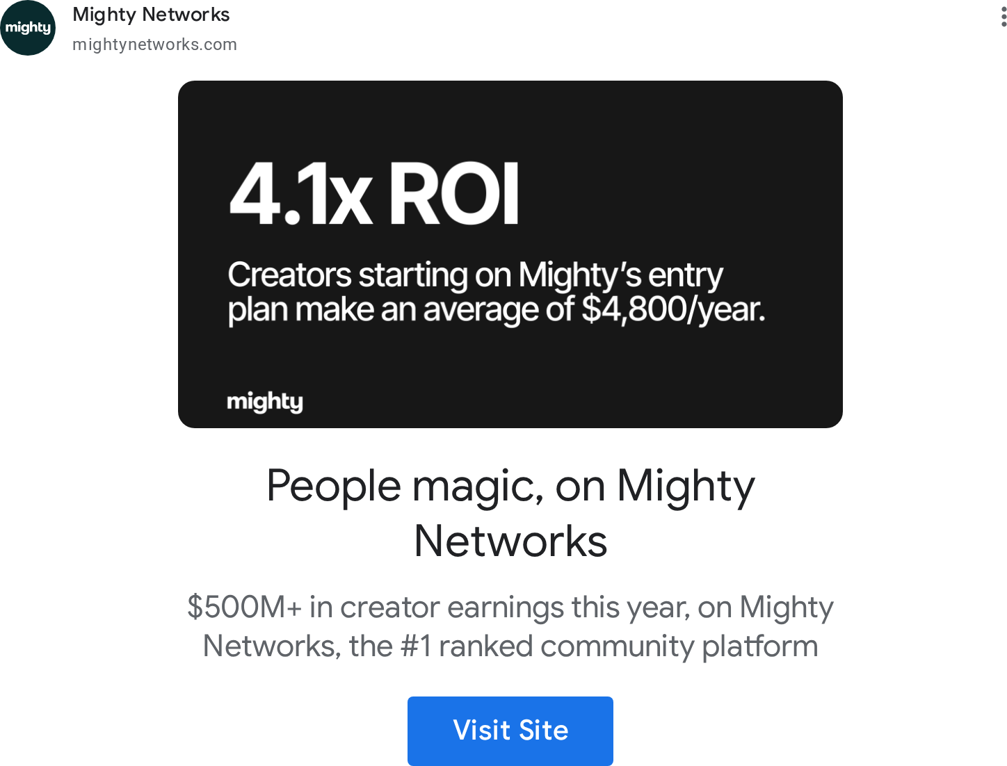 Mighty Networks 4.1x ROI stat card