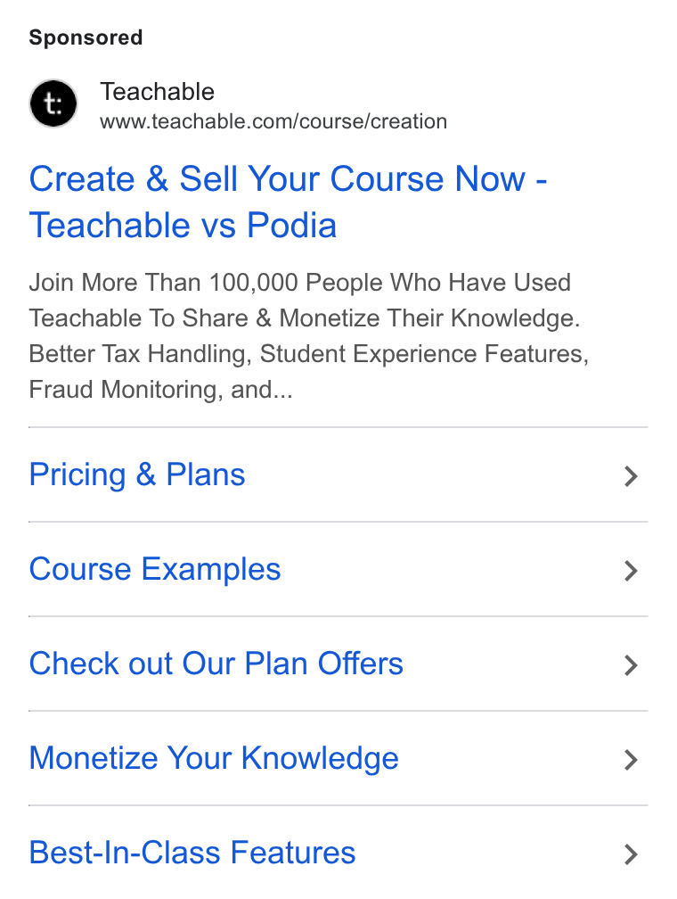 Teachable vs Podia 1740-day search ad