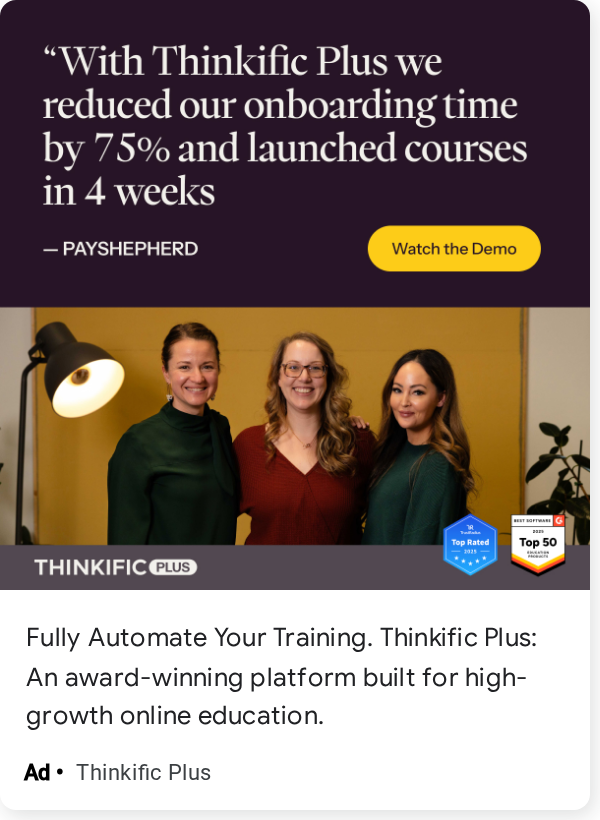 Thinkific customer quote with review badges